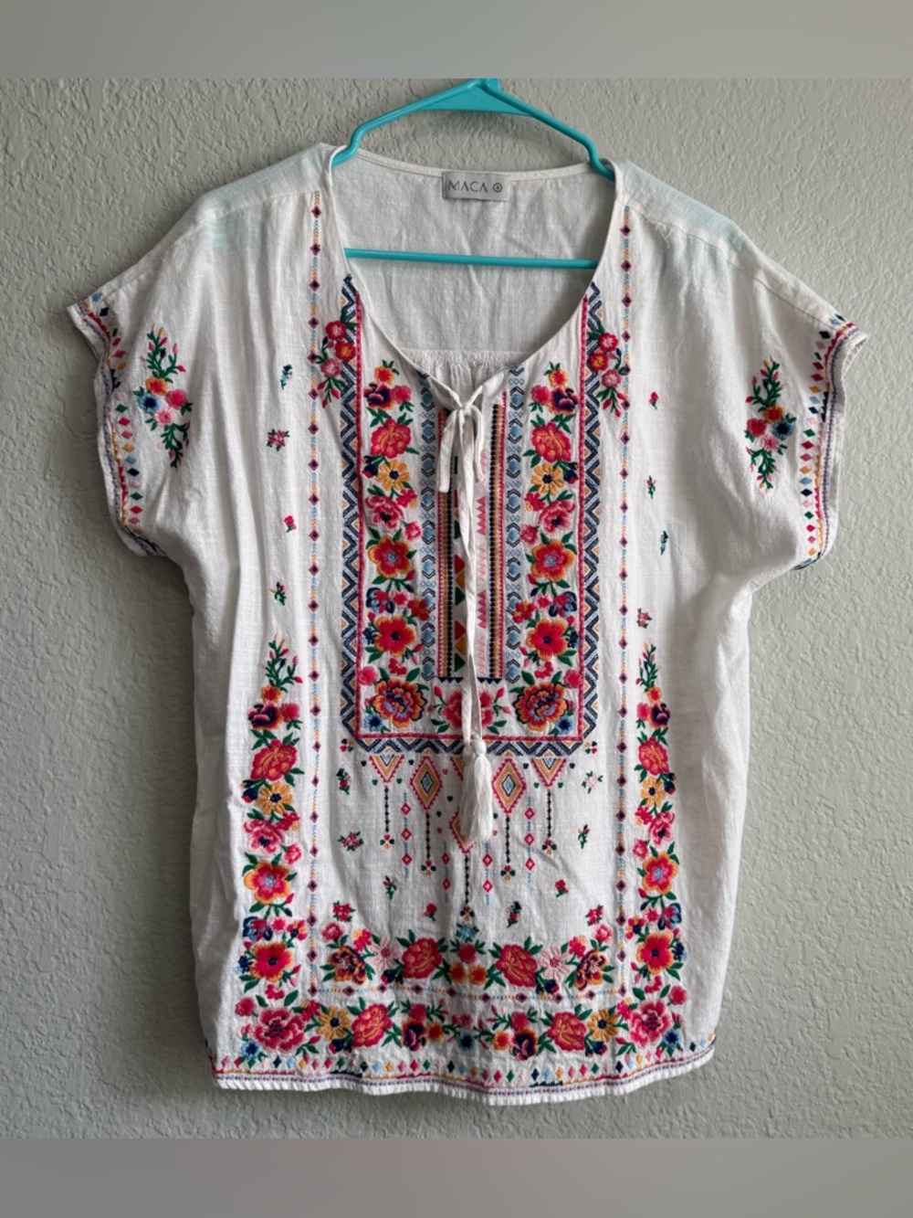 MACA White Embroidered Floral Tie-Front Tunic
